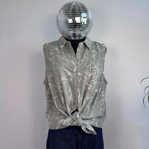 ecothreads Womens Sleeveless Button Up Shirt Green Floral Linen Blend Size L - Picture 9 of 16